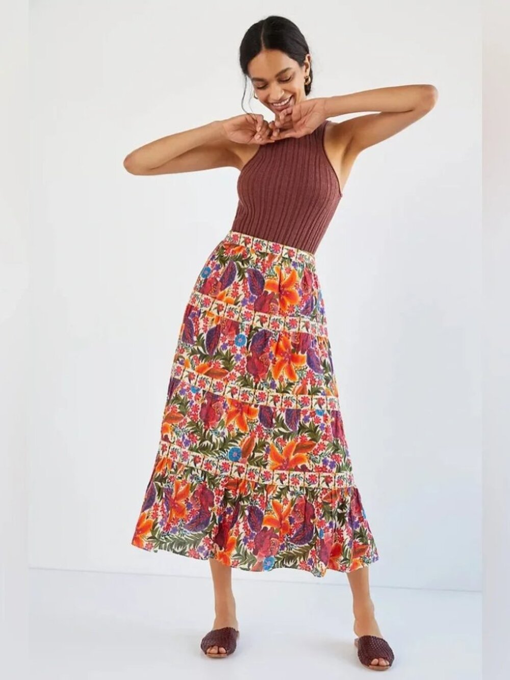 NWT Farm Rio Tiered Floral Tropical Midi Skirt Size Medium